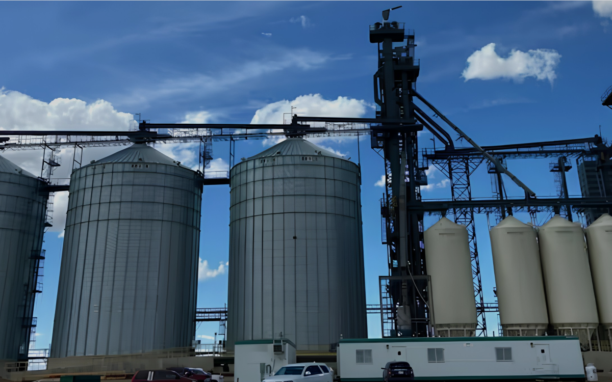 Grain terminal facility near Marengo, Saskatchewan, featuring steel grain bins, storage silos, and grain handling equipment.