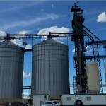 Grain terminal facility near Marengo, Saskatchewan, featuring steel grain bins, storage silos, and grain handling equipment.